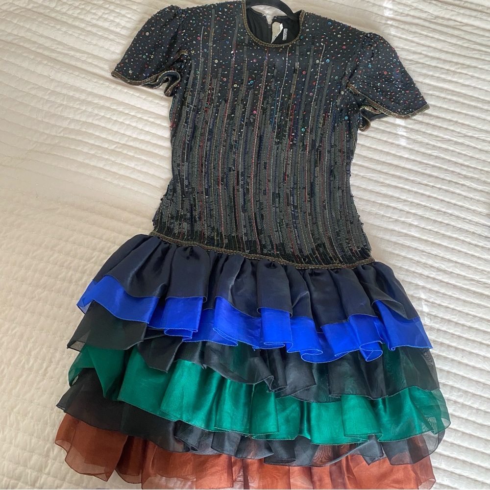 Liza Carr Vintage Silk Sequin Beads Ruffle dress Small/medium (see measurements) - Picture 2 of 11